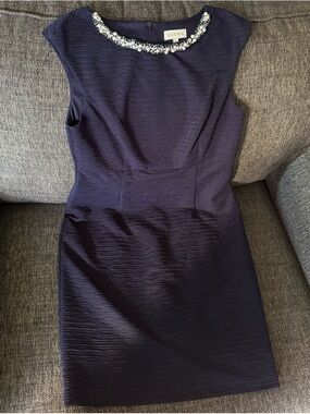 Elegant Laura Navy Embellished Pearl & Diamond Neck Mini Dress